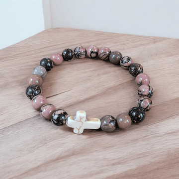 Rhodonite Pink Zebra Beaded Cross Stretch bracelet