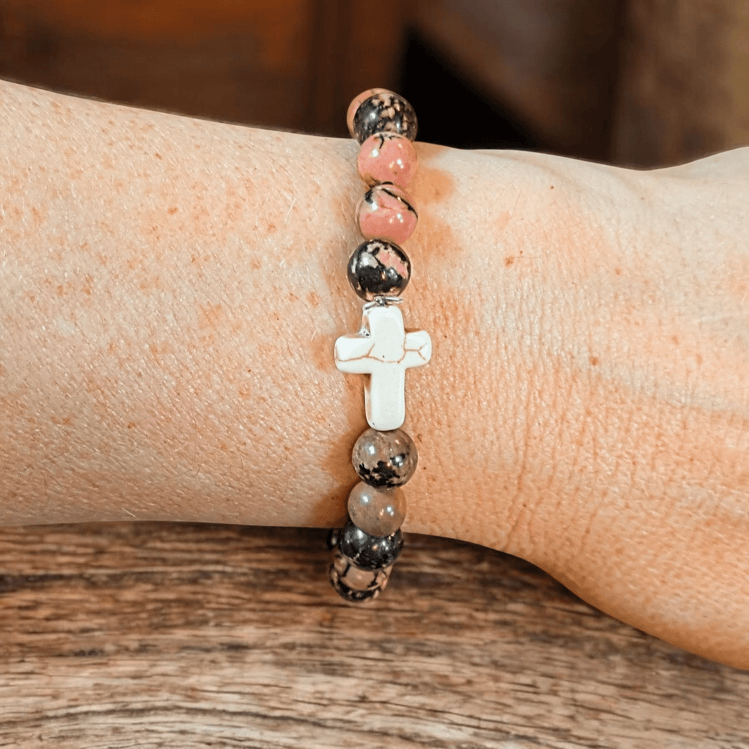 Rhodonite Pink Zebra Beaded Cross Stretch bracelet