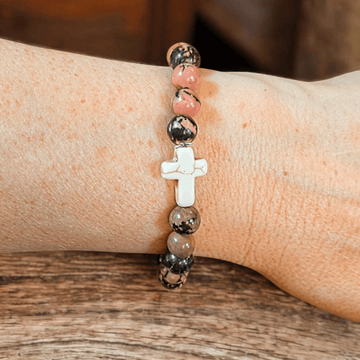 Rhodonite Pink Zebra Beaded Cross Stretch bracelet