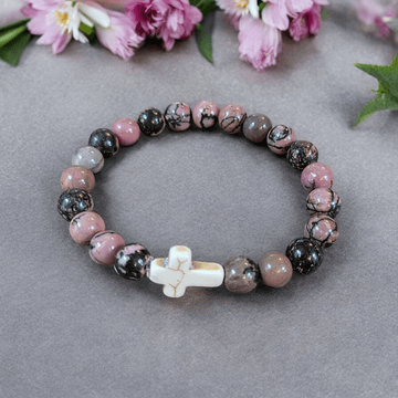 Rhodonite Pink Zebra Beaded Cross Stretch bracelet