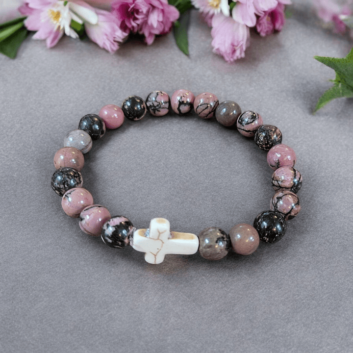 Rhodonite Pink Zebra Beaded Cross Stretch bracelet