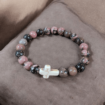 Rhodonite Pink Zebra Beaded Cross Stretch bracelet