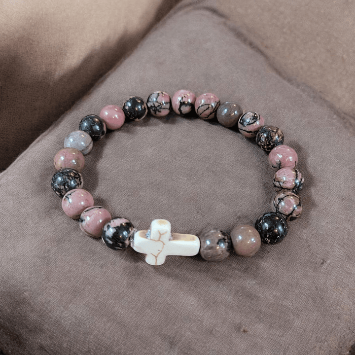 Rhodonite Pink Zebra Beaded Cross Stretch bracelet