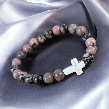 Rhodonite Pink Zebra Beaded Cross Stretch bracelet