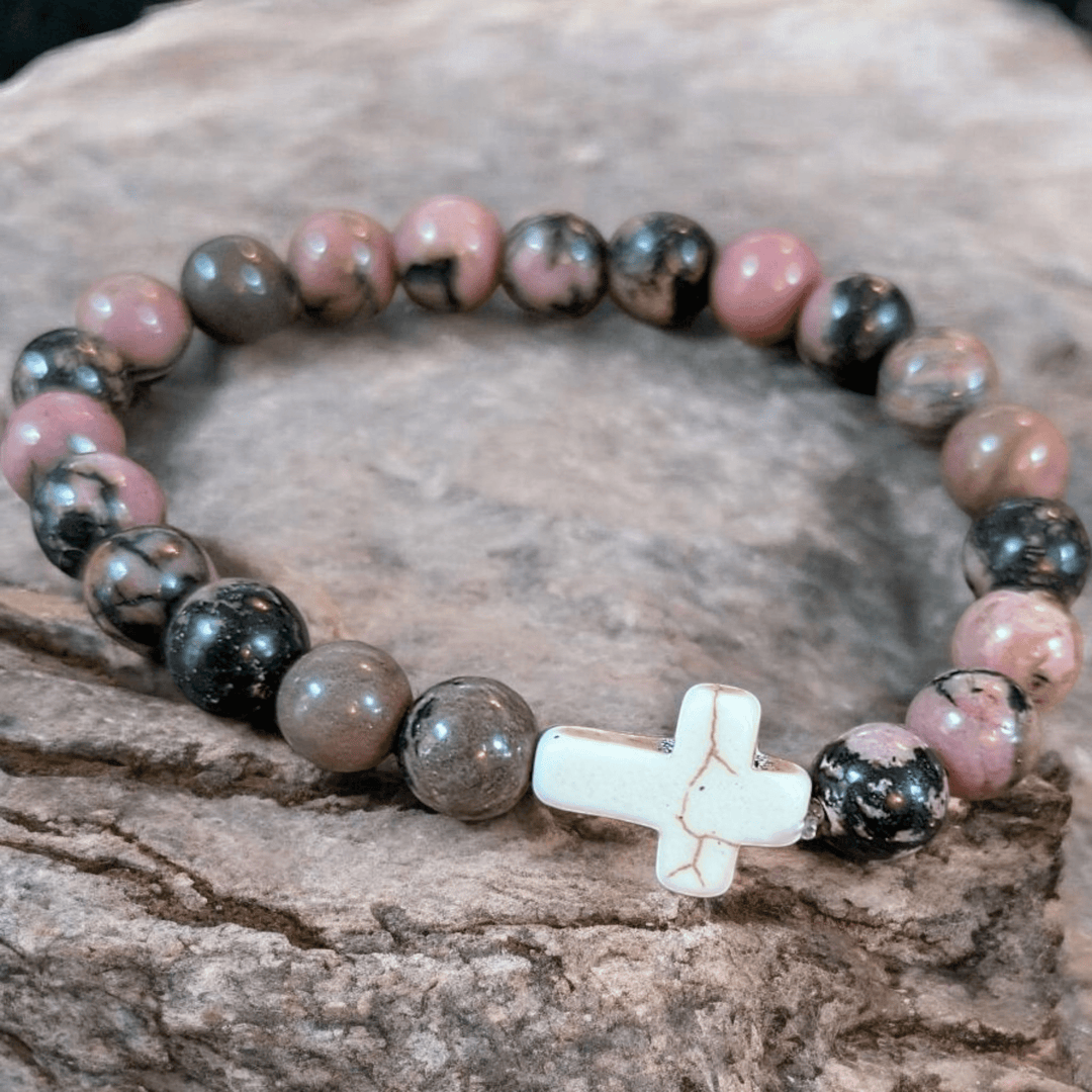 Rhodonite Pink Zebra Beaded Cross Stretch bracelet