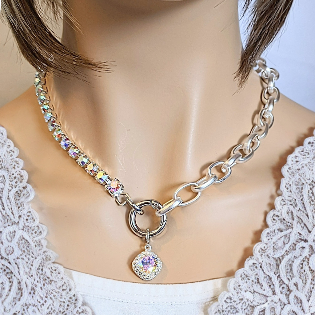 Crystal & Silver Snap Ring Necklace - 22 inch