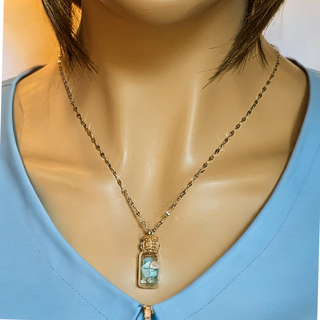 Amazonite Gemstone Bottle Necklace, 20 or 24 inch, Silver/Gold