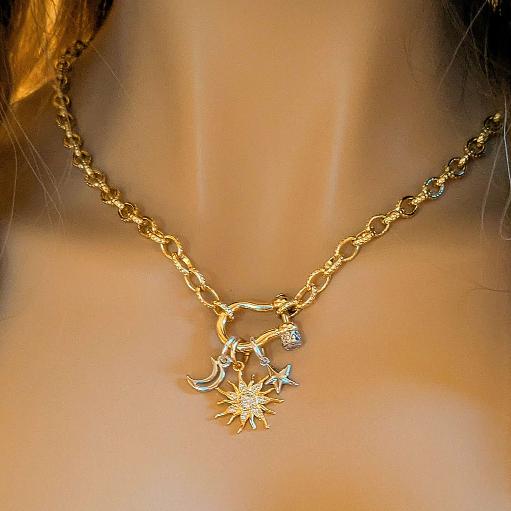 Gold CZ Sun and Silver Moon and Star Carabiner Necklace, Gold - 20 inch