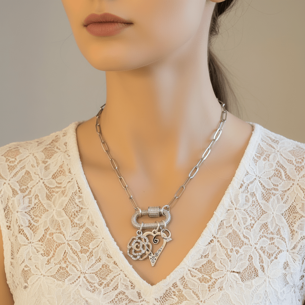 Romantic Rose, Heart, Diamond Ring Carabiner Necklace, Silver - 20 inch