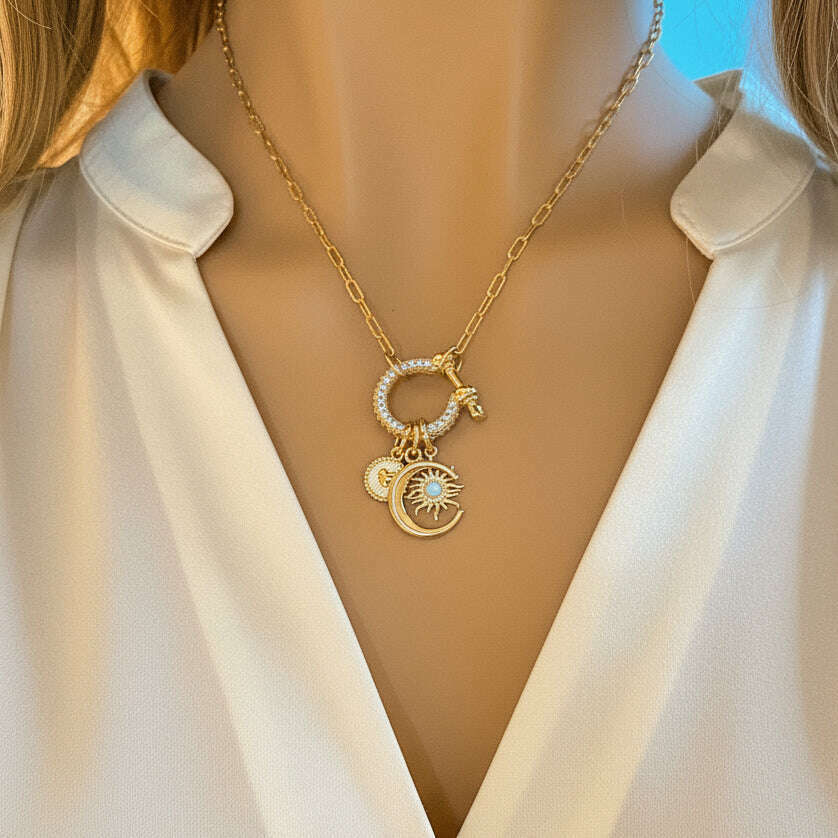 Opal Sun, Crescent Moon and Heart Carabiner Necklace, Gold - 20 inch