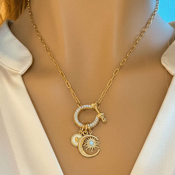 Opal Sun, Crescent Moon and Heart Carabiner Necklace, Gold - 20 inch