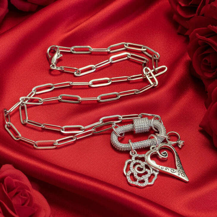 Romantic Rose, Heart, Diamond Ring Carabiner Necklace, Silver - 20 inch