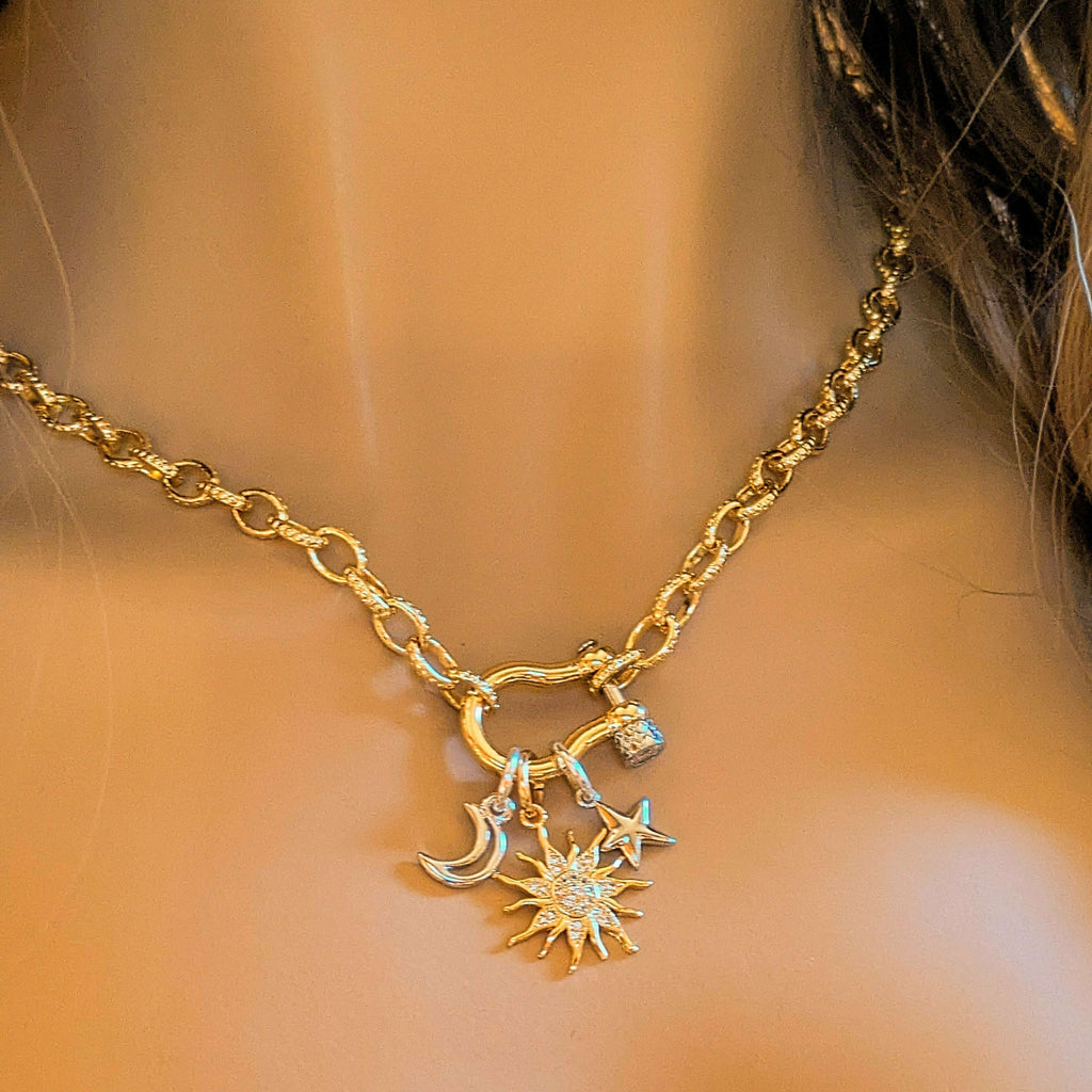 Gold CZ Sun and Silver Moon and Star Carabiner Necklace, Gold - 20 inch