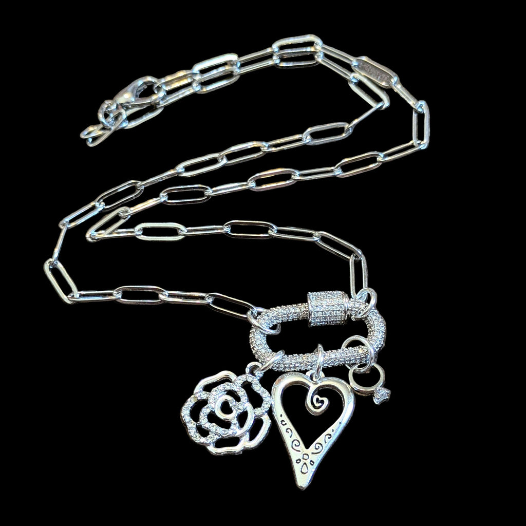 Romantic Rose, Heart, Diamond Ring Carabiner Necklace, Silver - 20 inch