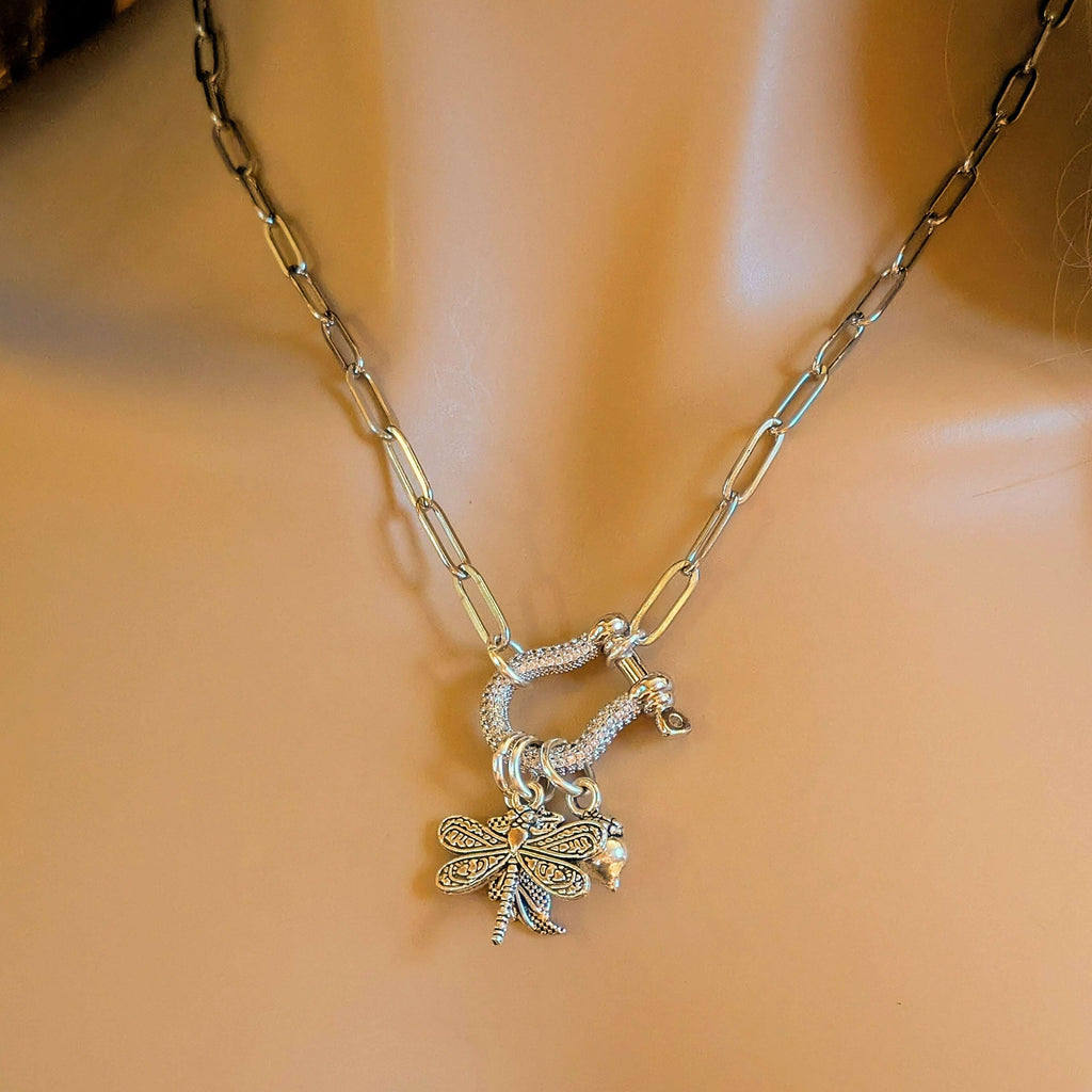 Forest Friends Dragonfly Carabiner Necklace, Silver - 20 inch