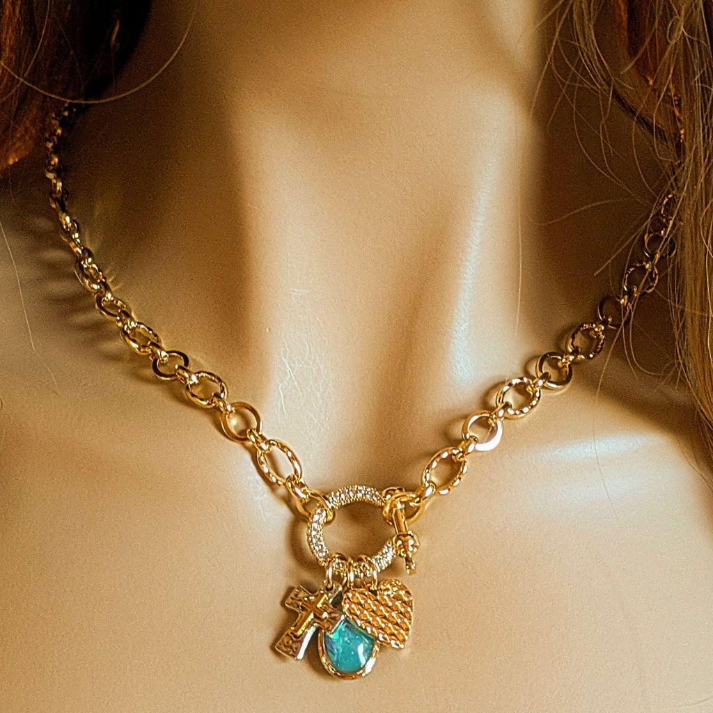 Two Tone Cross, Faux Opal and Heart Carabiner Necklace, Gold - 20 inch