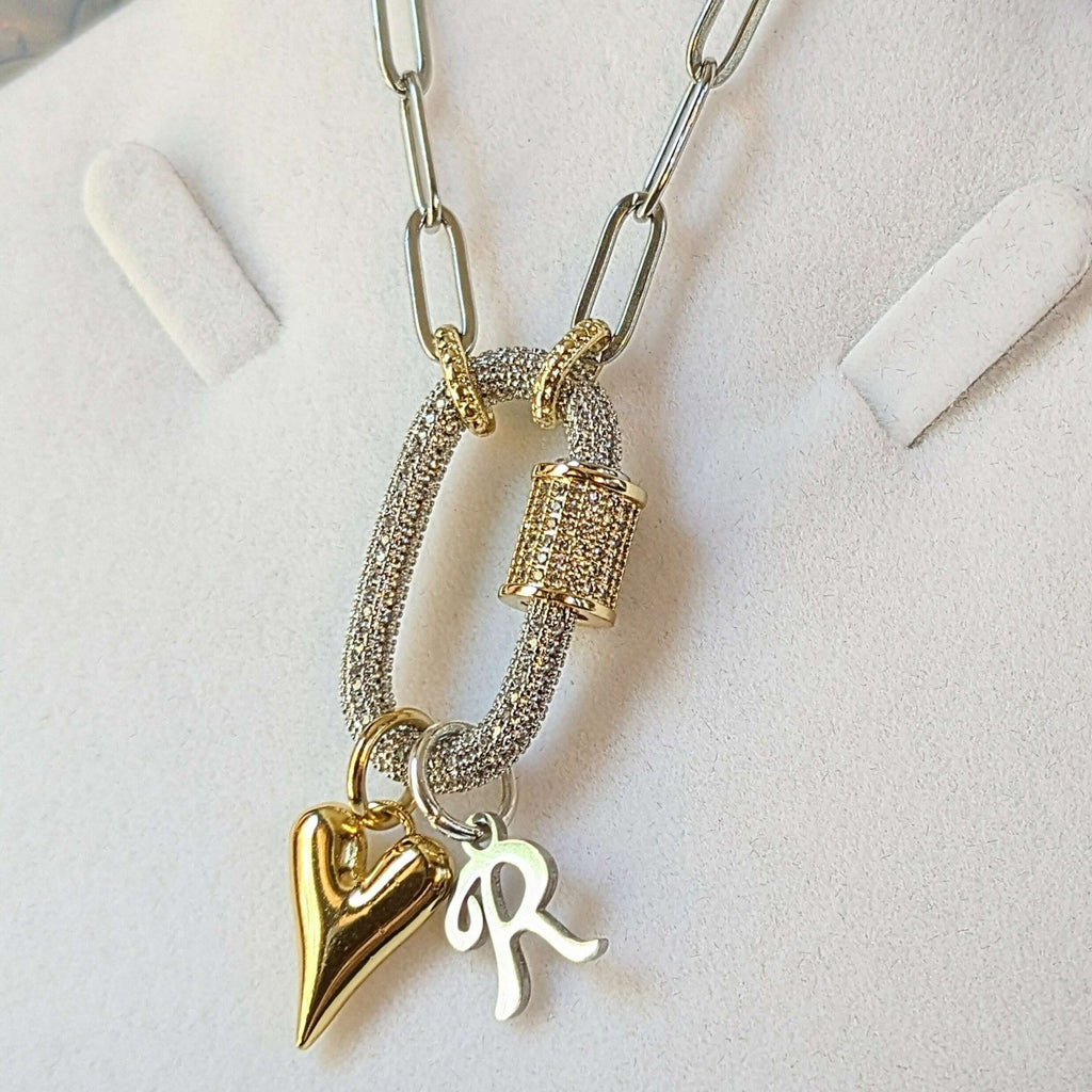Silver Initial Heart Carabiner Necklace - 20 inch