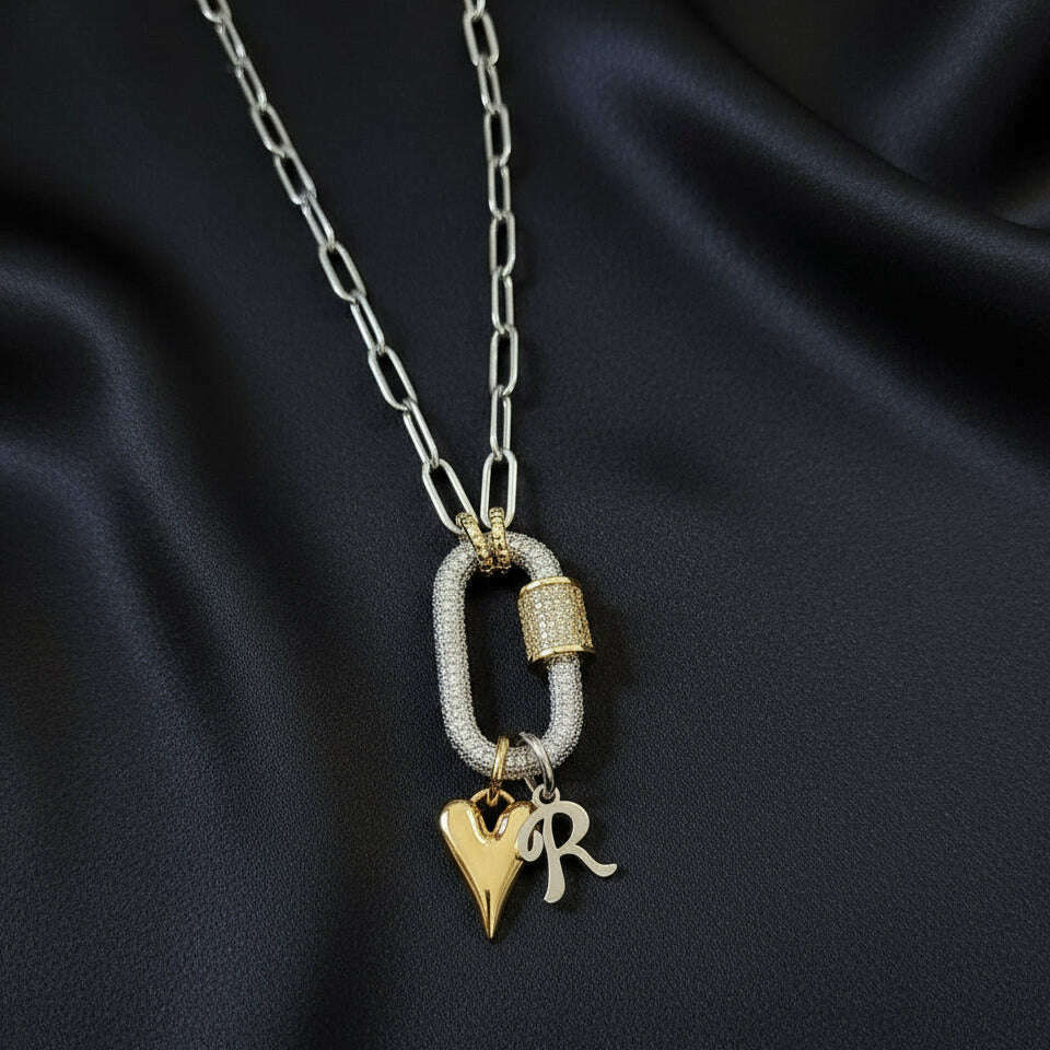 Silver Initial Heart Carabiner Necklace - 20 inch