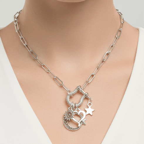 Celestial Crescent Moon and Heart Carabiner Necklace, Silver - 20 inch