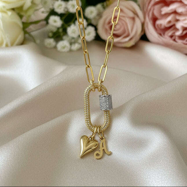 Gold Initial Heart Carabiner Necklace - 20 inch