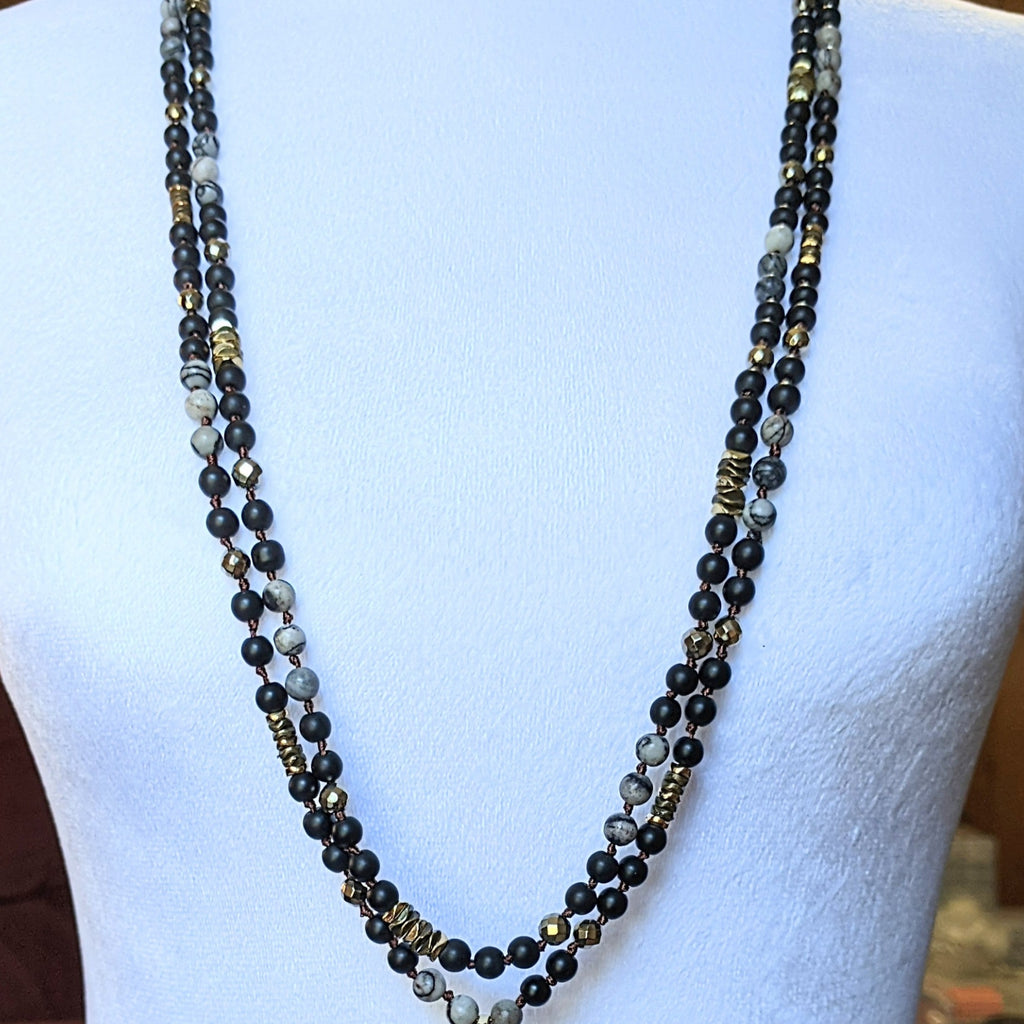 Spider Web Jasper + Hematite + Crystal Semi-Precious Gemstone Necklace w/ Open Heart Pendant - 36 inch