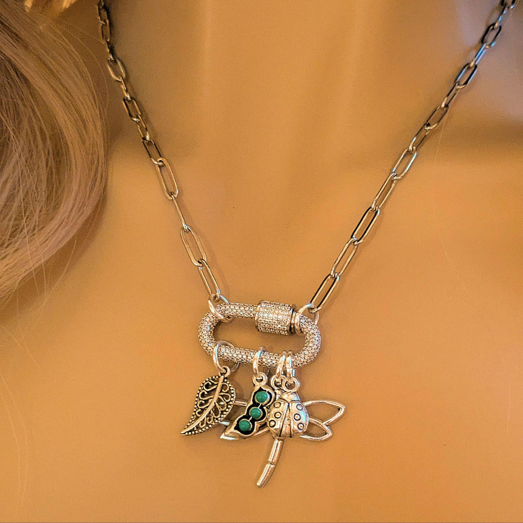 Large Dragonfly, Garden Friends Carabiner Necklace, Silver - 20 inch