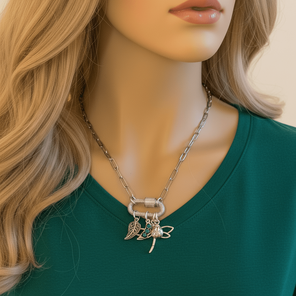 Large Dragonfly, Garden Friends Carabiner Necklace, Silver - 20 inch