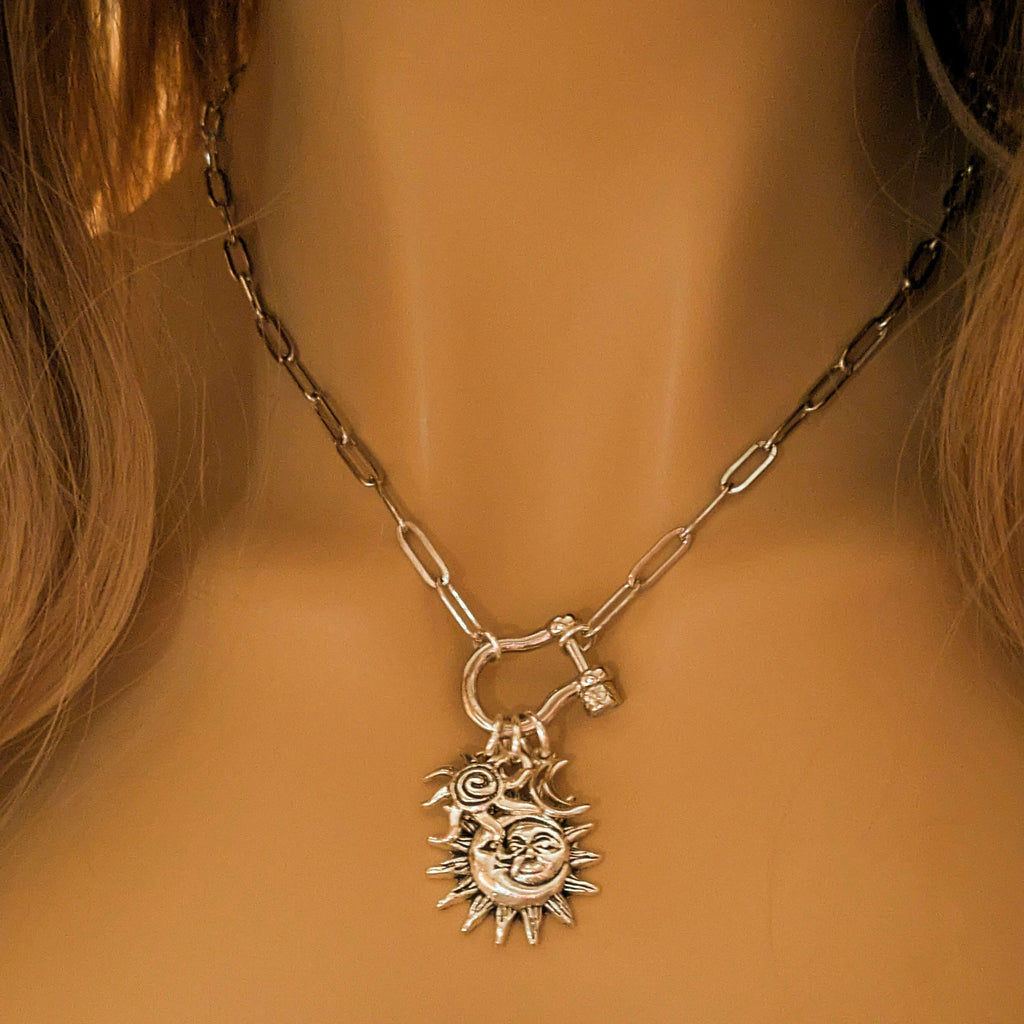 Sun/Moon, Crescent Moon and Swirly Sun Carabiner Necklace, Silver - 20 inch