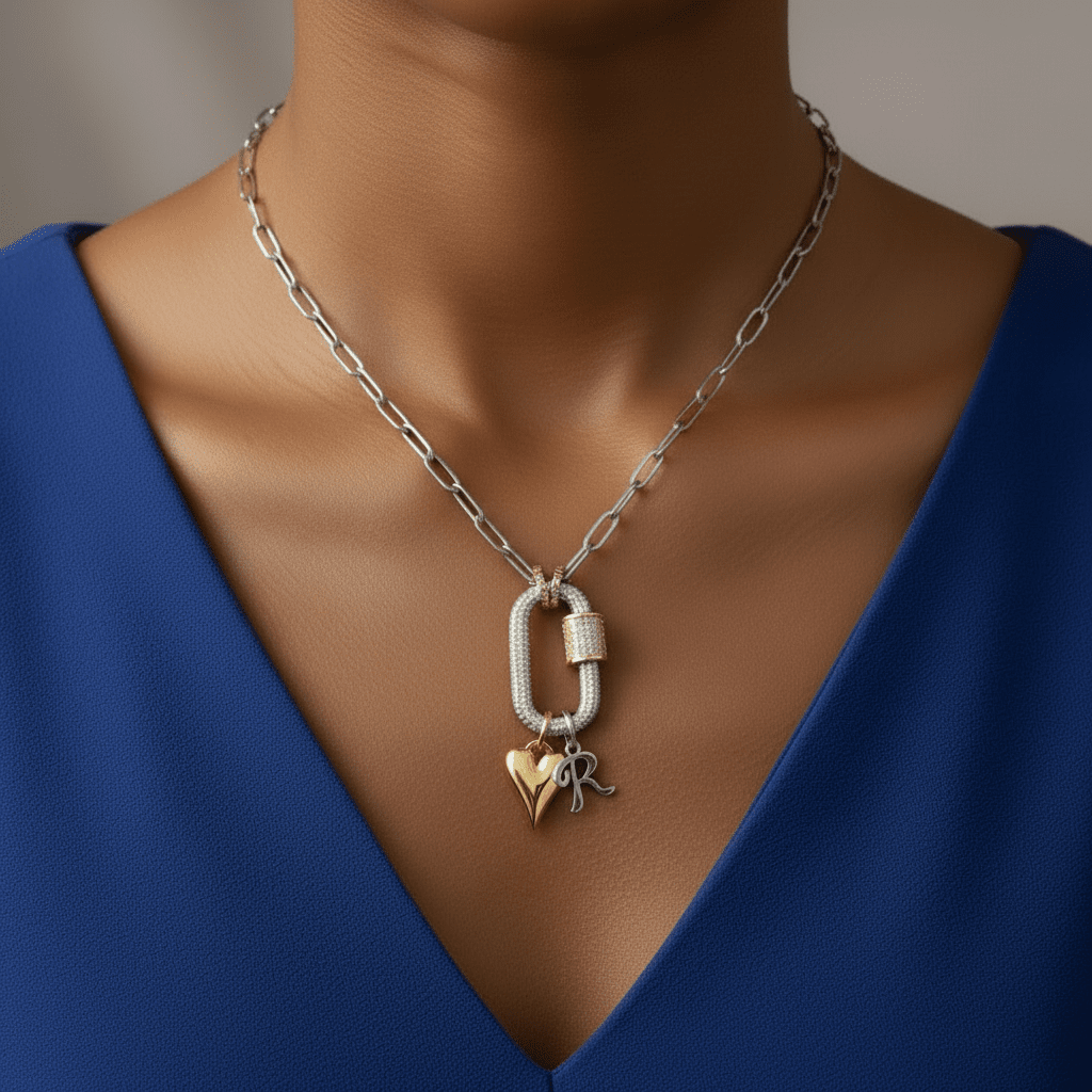 Silver Initial Heart Carabiner Necklace - 20 inch