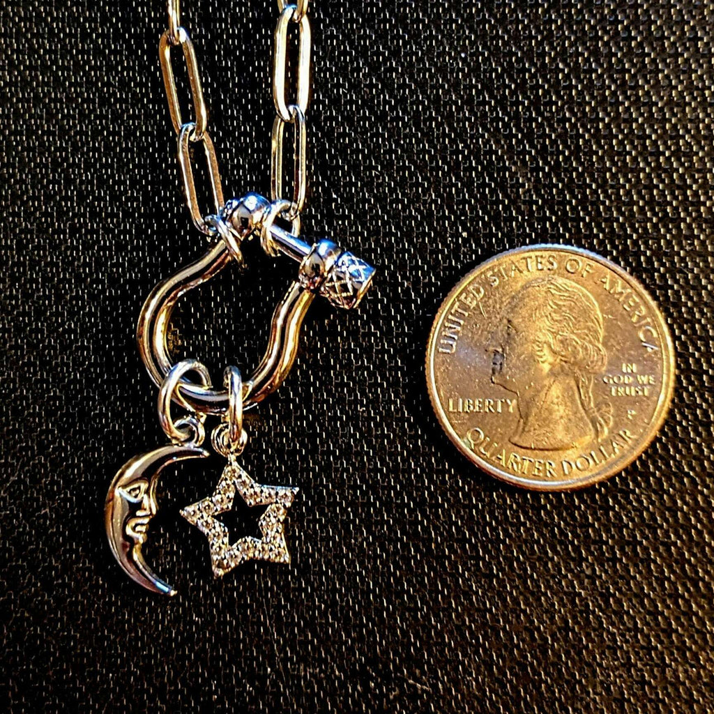 Celestial Moon CZ Star Carabiner Necklace, Silver - 20 inch
