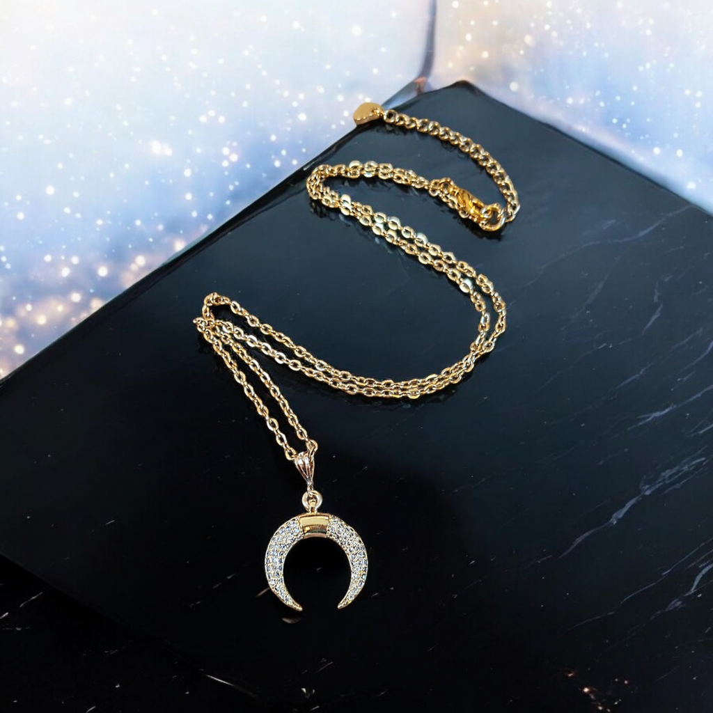 Gold Downward Crescent Moon Necklace, Crescent Horn Necklace