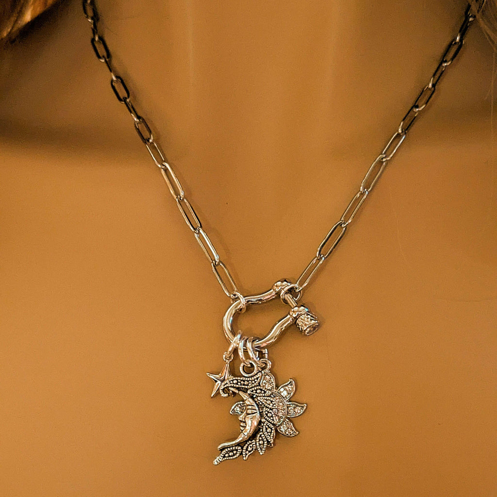 Celestial Moon Face, CZ Sun and Star Carabiner Necklace, Silver - 20 inch