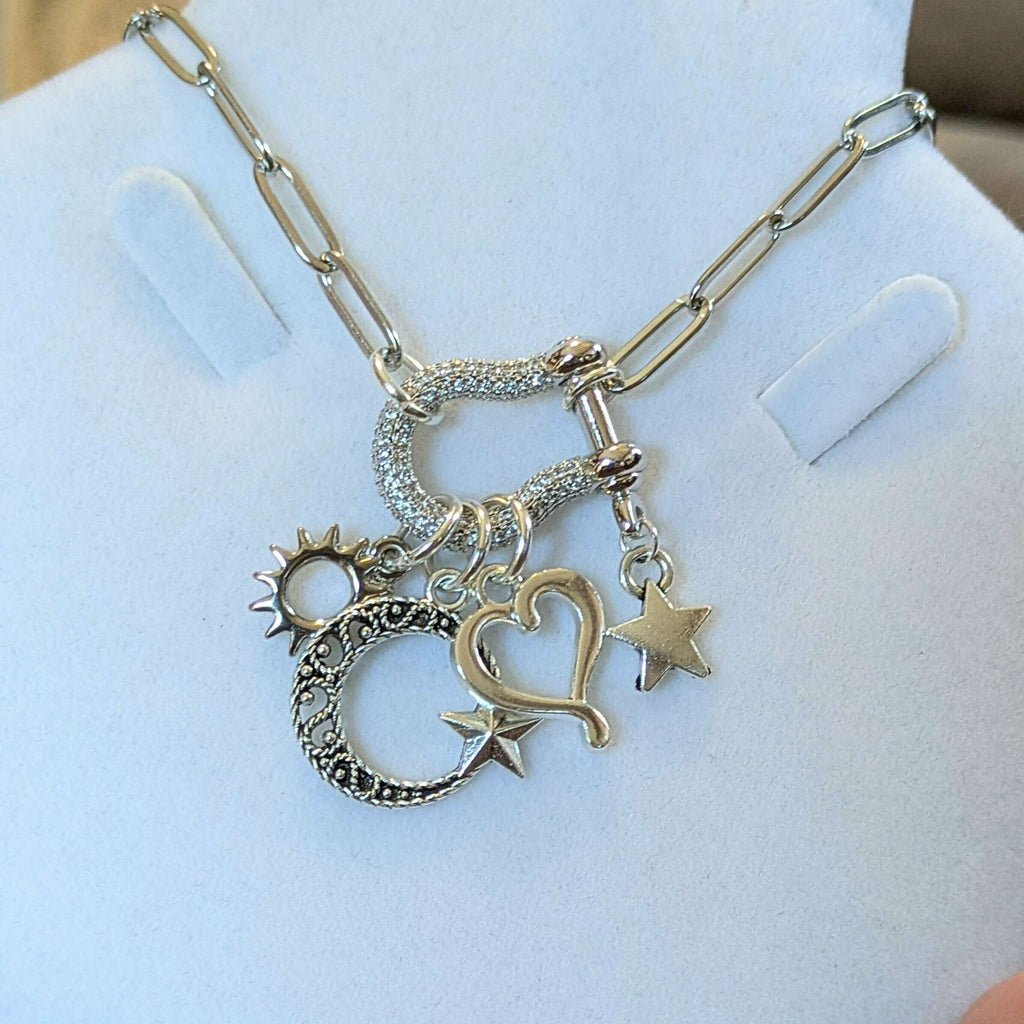 Celestial Crescent Moon and Heart Carabiner Necklace, Silver - 20 inch