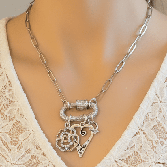 Romantic Rose, Heart, Diamond Ring Carabiner Necklace, Silver - 20 inch