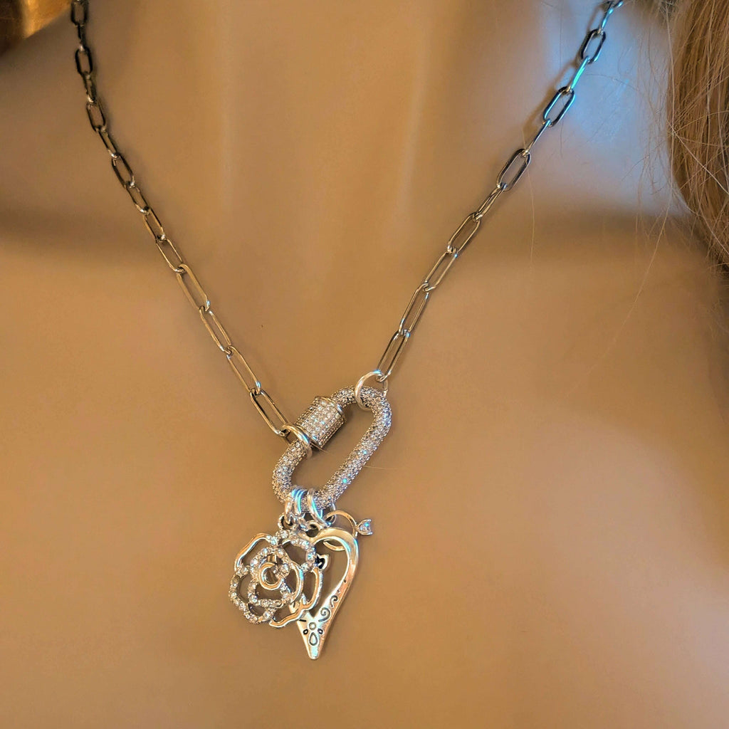 Romantic Rose, Heart, Diamond Ring Carabiner Necklace, Silver - 20 inch