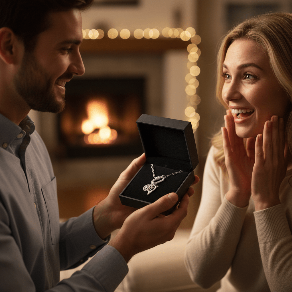 Romantic Rose, Heart, Diamond Ring Carabiner Necklace, Silver - 20 inch