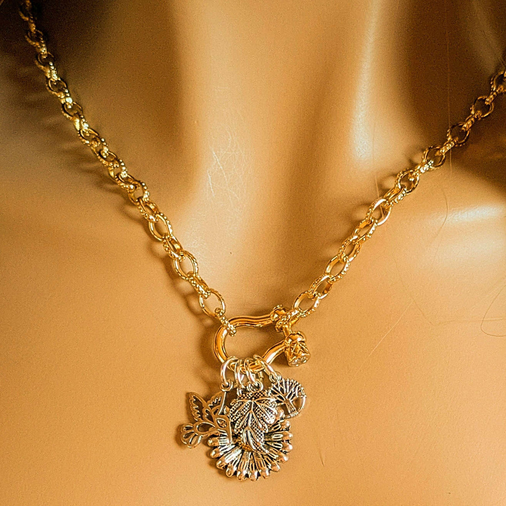 Two Tone Sunflower, Hummingbird Nature Carabiner Necklace, Gold - 20 inch