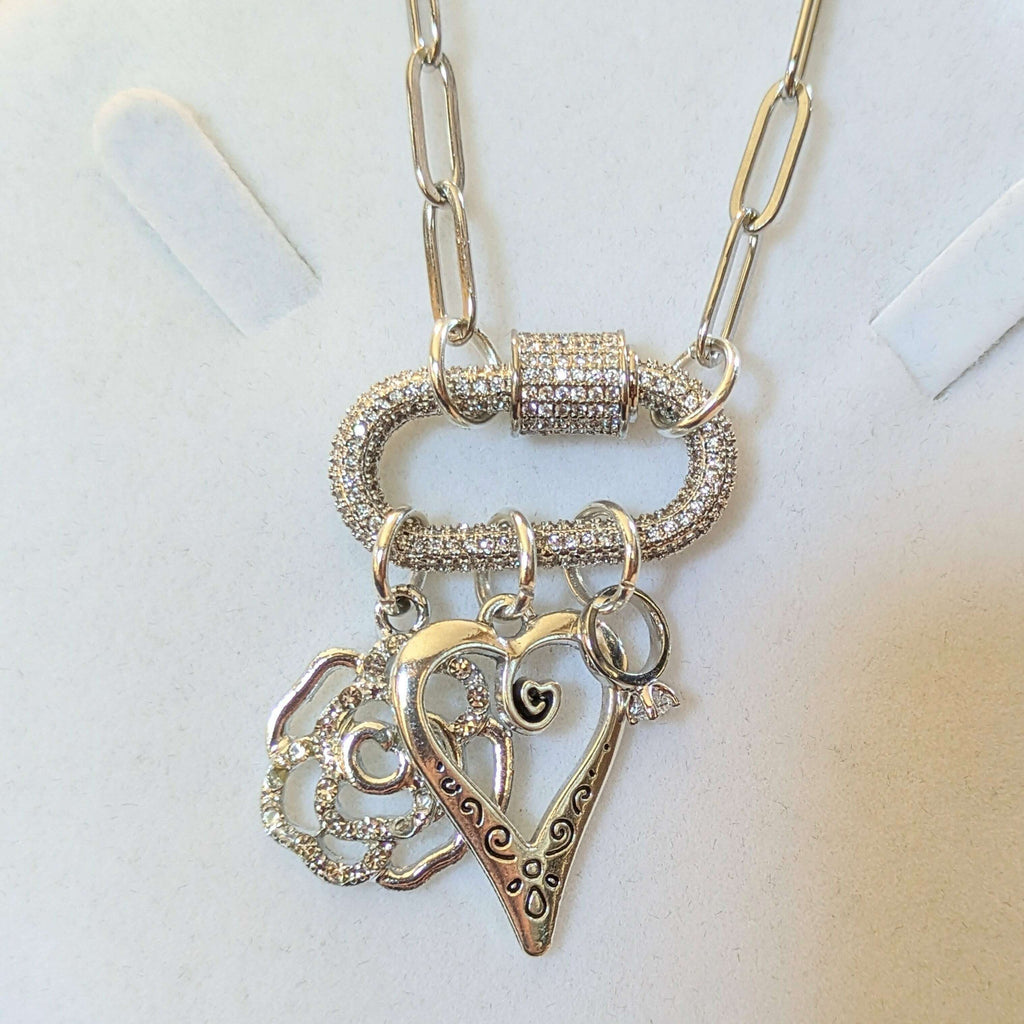 Romantic Rose, Heart, Diamond Ring Carabiner Necklace, Silver - 20 inch