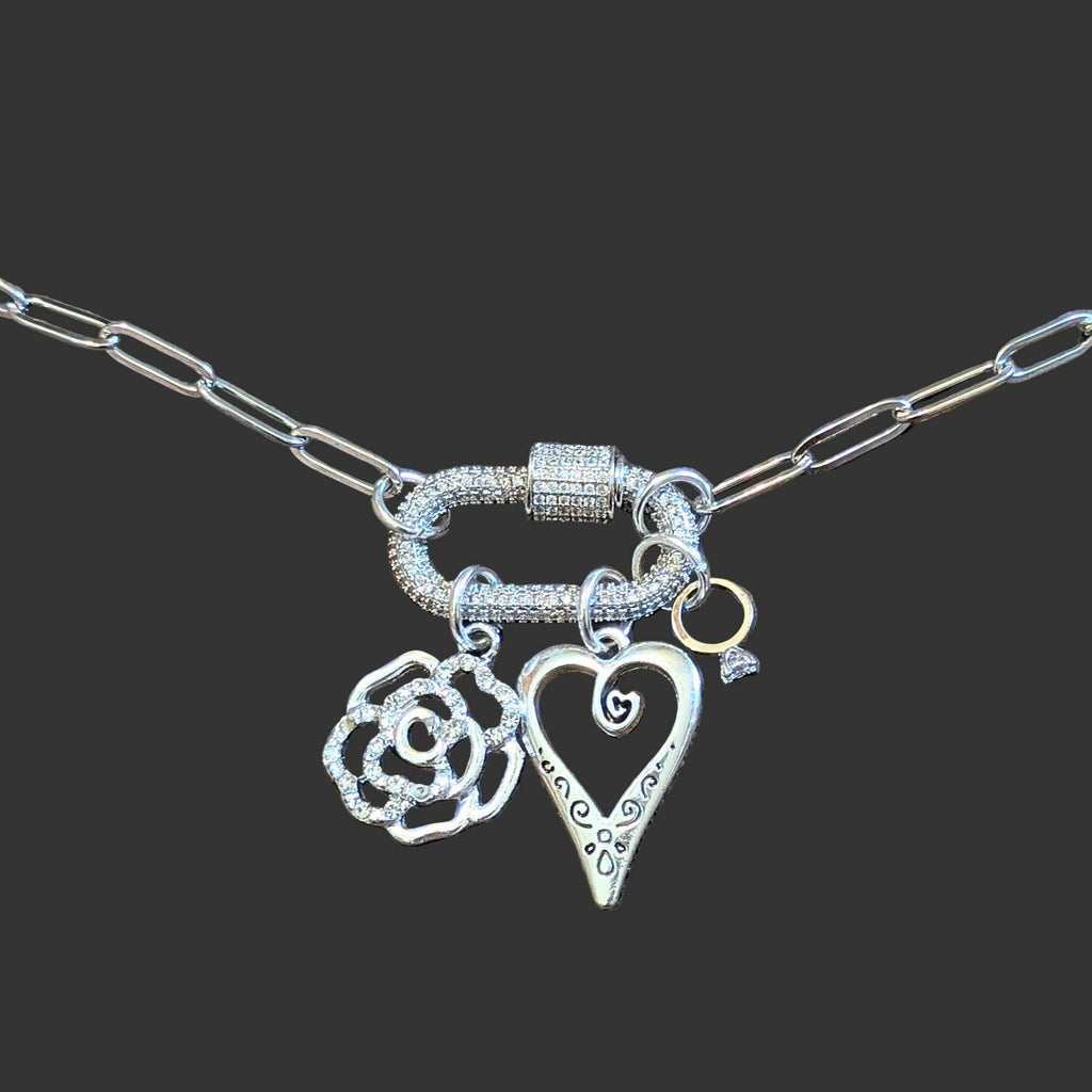 Romantic Rose, Heart, Diamond Ring Carabiner Necklace, Silver - 20 inch