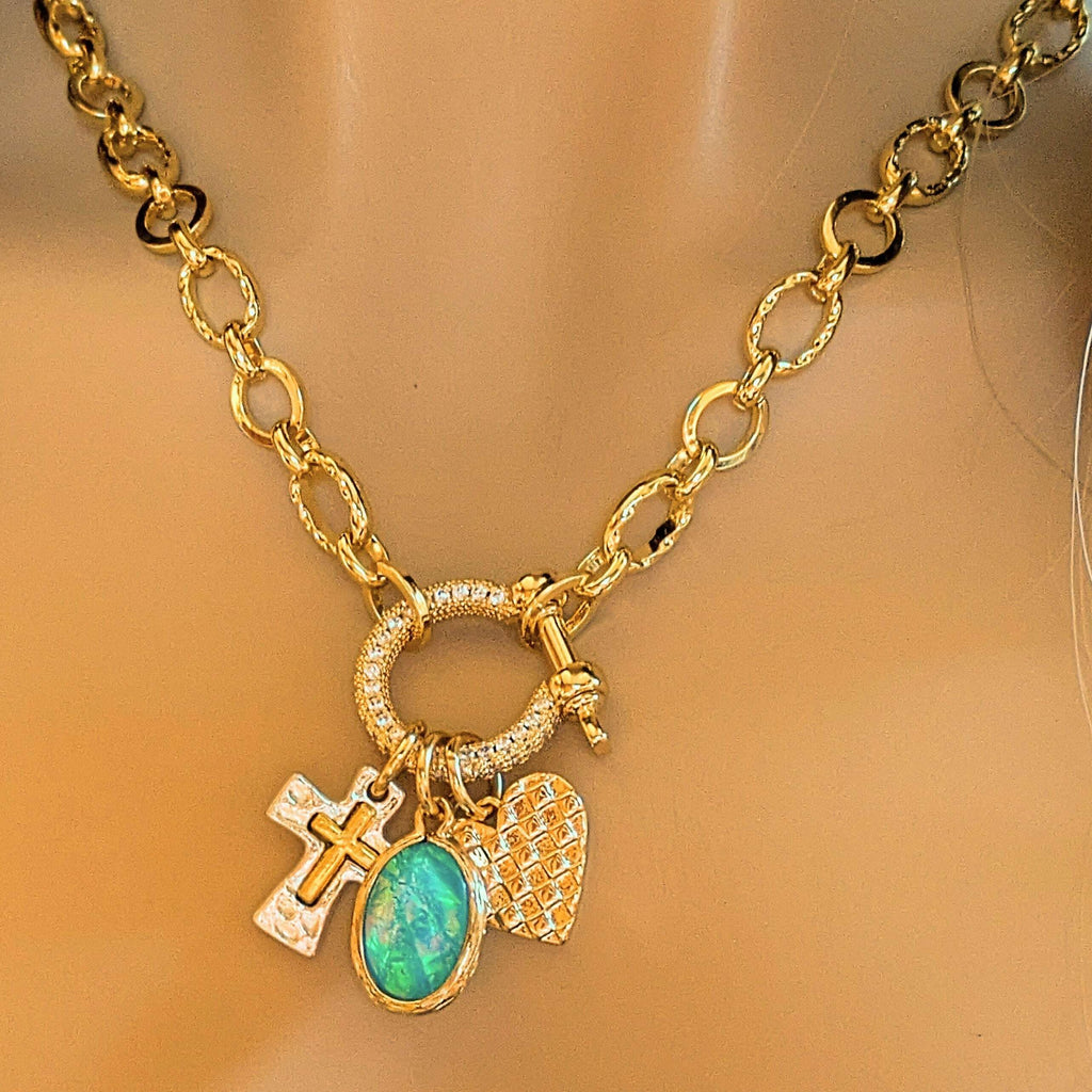 Two Tone Cross, Faux Opal and Heart Carabiner Necklace, Gold - 20 inch