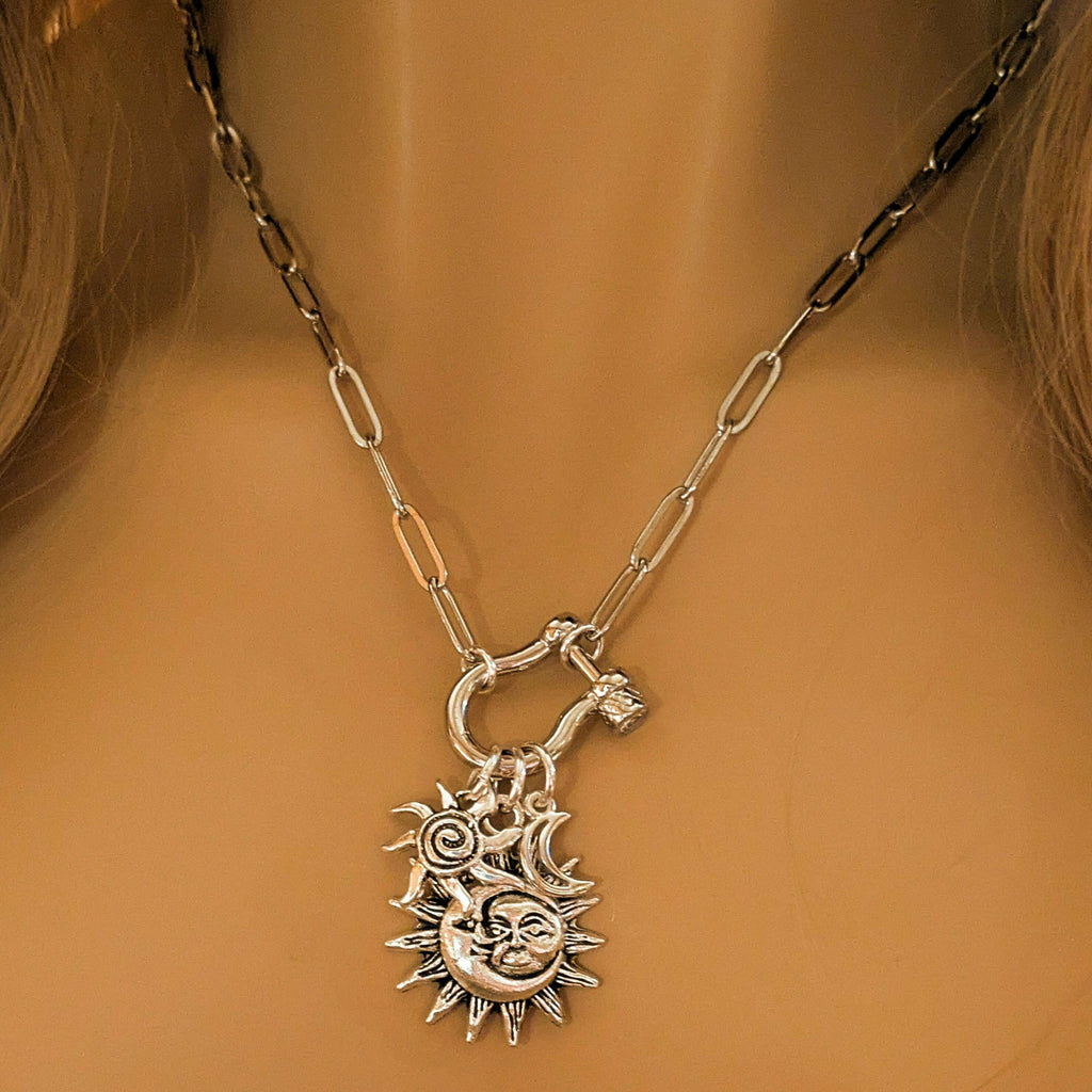 Sun/Moon, Crescent Moon and Swirly Sun Carabiner Necklace, Silver - 20 inch