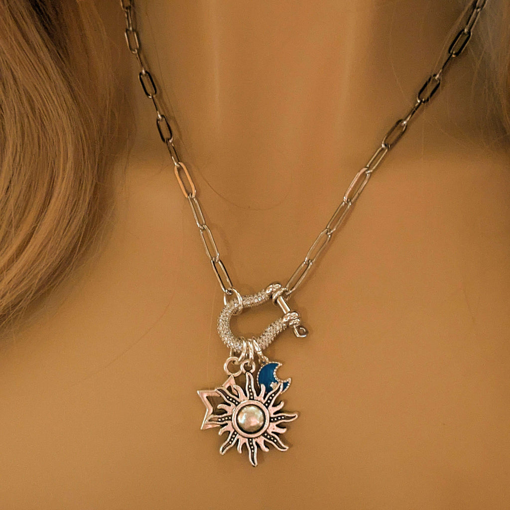 Fiery Sun, Blue Moon and Star Carabiner Necklace, Silver - 20 inch