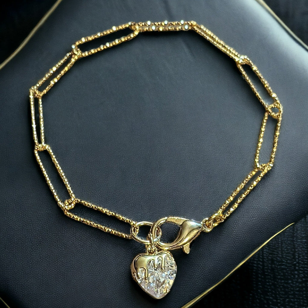 Gold CZ Melting Heart Paperclip Chain Bracelet