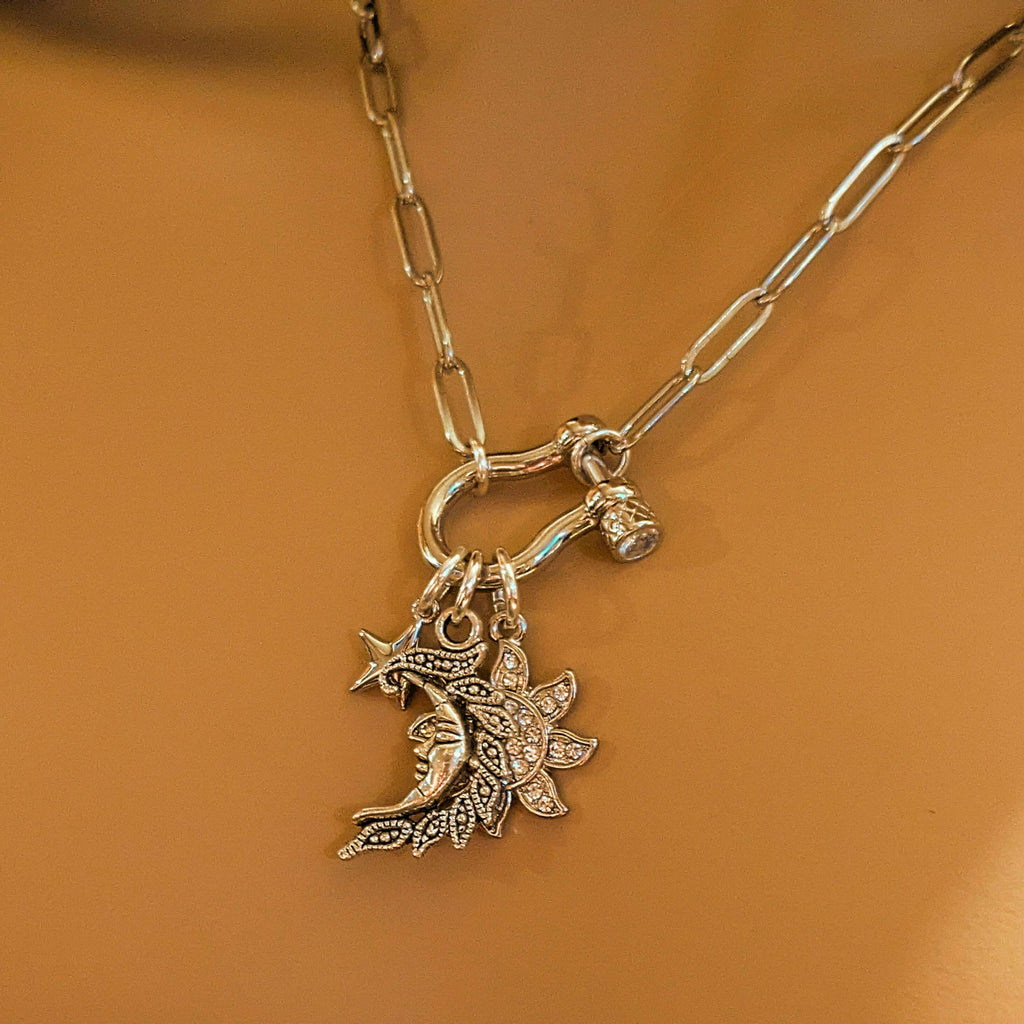 Celestial Moon Face, CZ Sun and Star Carabiner Necklace, Silver - 20 inch