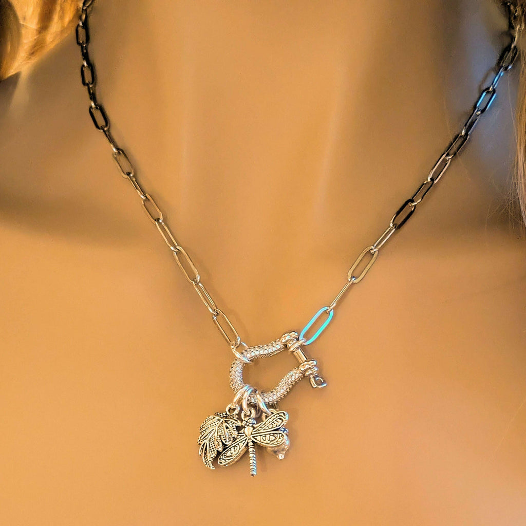 Forest Friends Dragonfly Carabiner Necklace, Silver - 20 inch