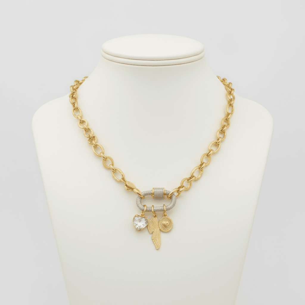 Dragonfly/Fairy Wing, Heart Carabiner Necklace, Gold - 20 inch