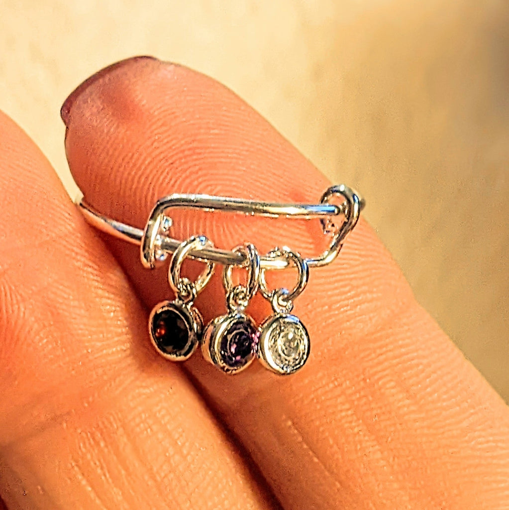 Mother's Birthstone Charm Ring, Adjustable .925 Sterling Silver