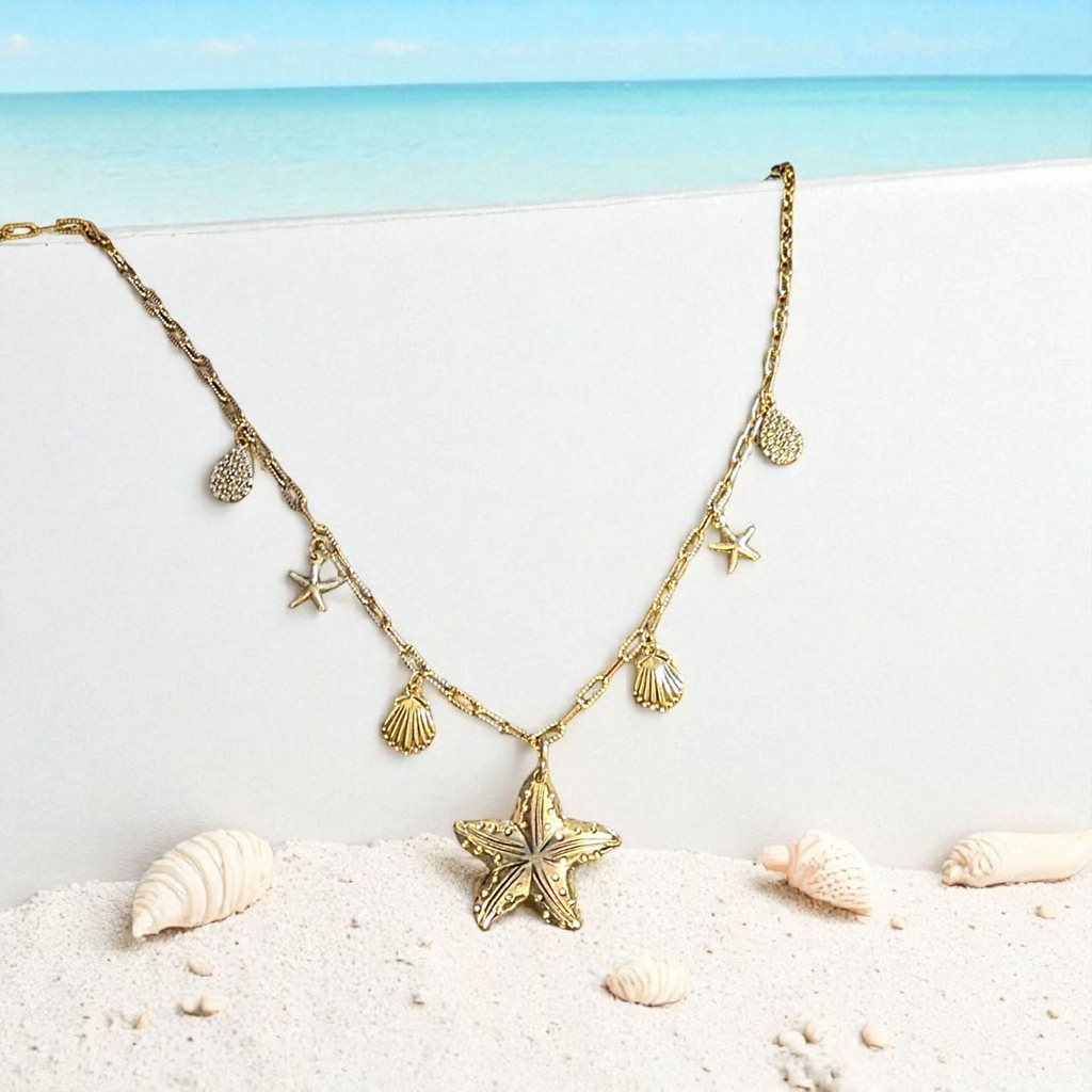 Beach Vibes Multi Charm Link Necklace, Gold- 20 inch