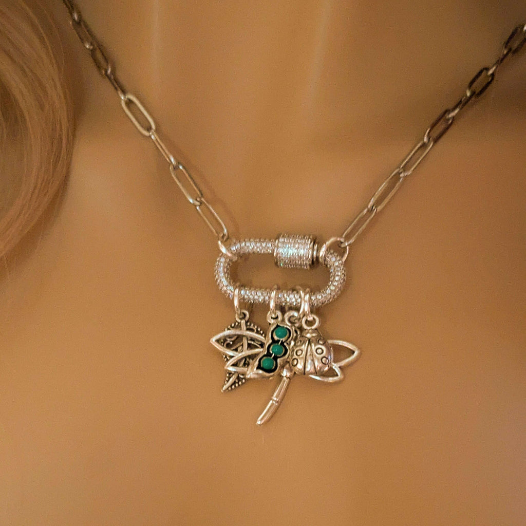 Large Dragonfly, Garden Friends Carabiner Necklace, Silver - 20 inch