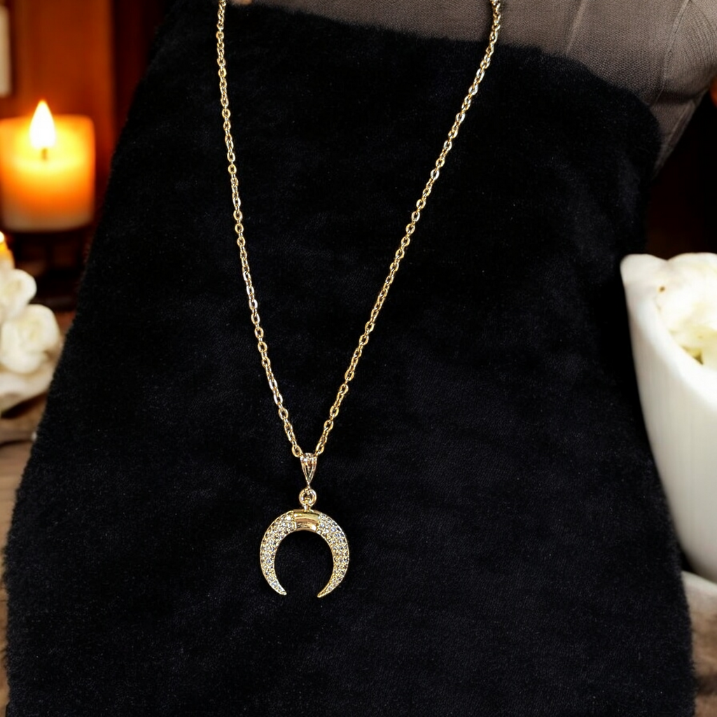 Gold Downward Crescent Moon Necklace, Crescent Horn Necklace